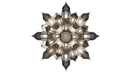 Overhead view of a decorative chandelier with multiple light bulbs, intricate design.