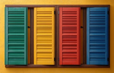 Four wooden window shutters painted green, yellow, red, and blue on a bright yellow wall, showcasing vibrant colors and geometric symmetry in a harmonious arrangement