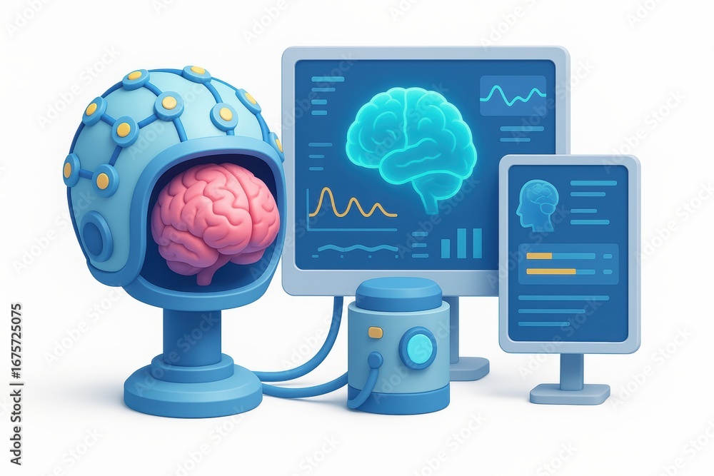 Poster futuristic brain scanning technology with digital data visualization and analysis tools