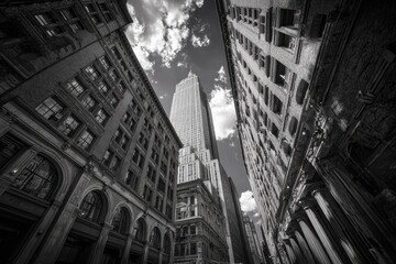Black and white perspective of New York City skyscrapers