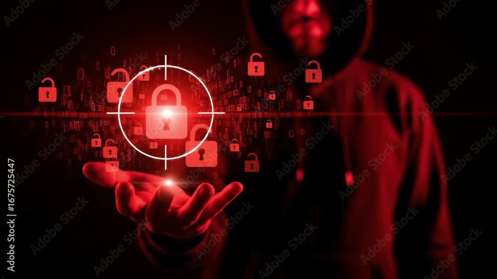 Poster a cybersecurity hacker data protection digital lock security breach red light technology encryption 