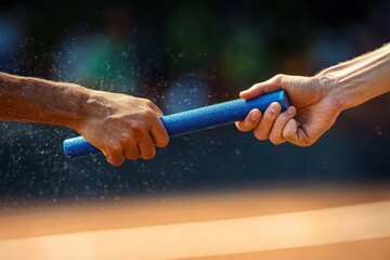 Close-up of two hands exchanging a blue relay baton during a race with sweat and motion blur capturing intensity