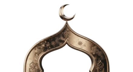 An ornate, weathered golden arch from a mosque, topped with a crescent moon symbol of Islam.