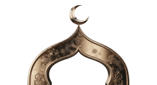 An ornate, weathered golden arch from a mosque, topped with a crescent moon symbol of Islam.