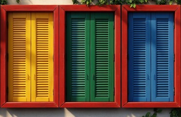 Three closed colorful wooden window shutters framed in red, painted yellow, green, and blue, affixed to a light wall with some green leaves on top, evoking vibrancy and cheerfulness