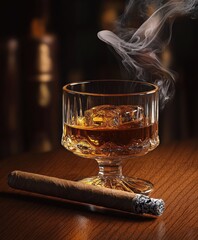 Close-up of a lit cigar emitting smoke placed next to a glass of whiskey with ice on a wooden surface with a dark blurred background conveying a cozy, mellow atmosphere