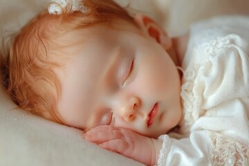 Close-up of a peaceful baby with delicate red hair sleeping soundly on a soft cream blanket wearing a white lace outfit