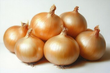 Fototapeta premium Seven golden brown onions with dry skins arranged on a white surface showcasing their round shape and papery texture