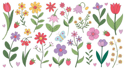 Assortment of Hand- Drawn Spring Flowers and Elements on a White Background floral nature
