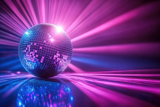 A reflective disco ball illuminated by bright pink and blue lights casting dynamic rays across a glossy surface creating a vibrant party atmosphere