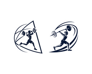 5 This vector logo set features dynamic silhouettes of a male and female weightlifter in powerful action poses, lifting barbells. The design emphasizes strength, motion, and gender inclusivity in fitn