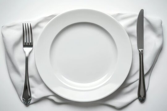 Empty white ceramic plate placed on a white cloth with silver fork on the left and silver knife on the right, creating a clean and minimalist dining setup