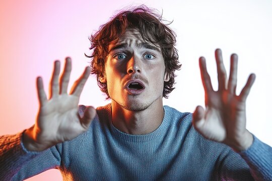 Young man with messy hair wearing a blue sweater reaching out with both hands and showing a shocked and scared expression against a gradient light background