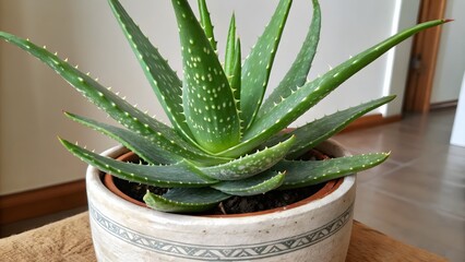 A potted aloe vera plant with green leaves and white spots on a wooden surface