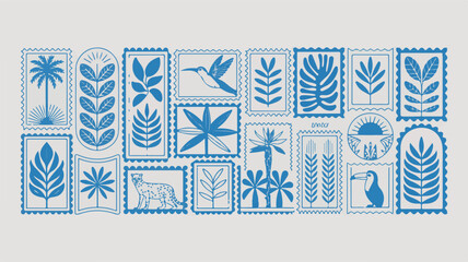 Blue Stamp Designs Featuring Tropical Plants and Animals on a Light Gray Background postage stamp