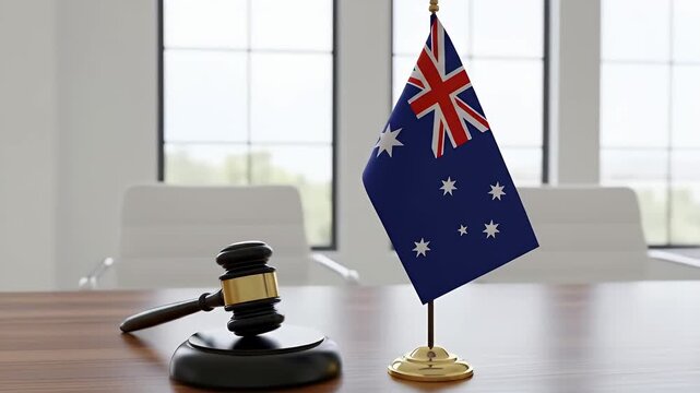 A judge's gavel and an Australian flag on a wooden table, symbolizing law and justice in Australia's legal system.