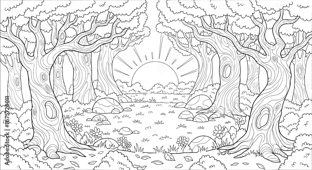 Poster forest scene with sunset and trees on transparent background