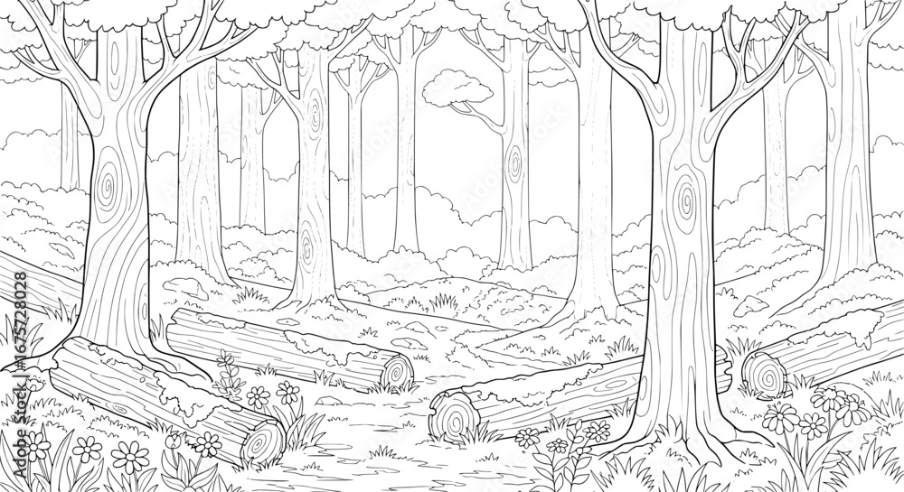 Poster forest scene of tall trees and fallen logs with transparent background