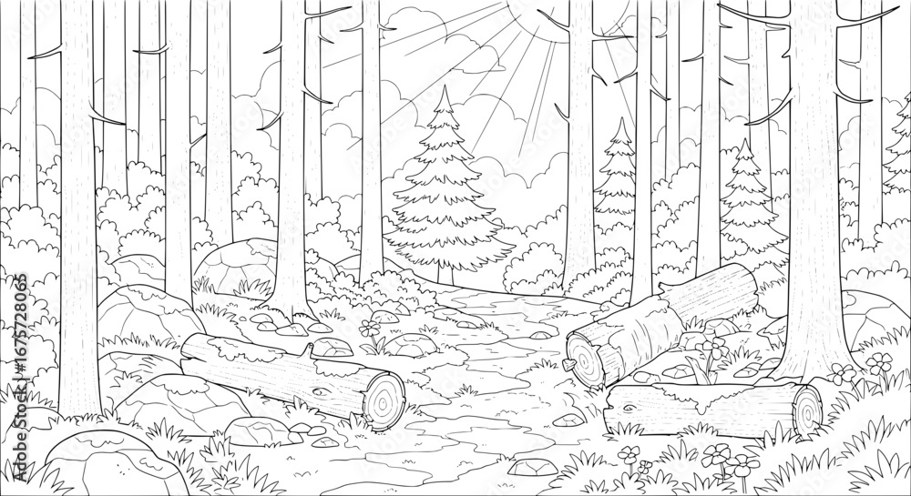 Poster silhouette of a forest with trees and fallen logs with transparent background