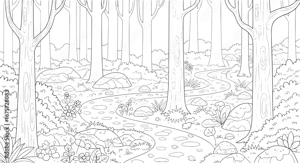 Poster forest with trees and winding stream with transparent background