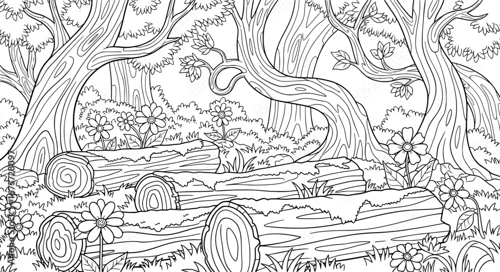 Poster seamless pattern of cut tree logs and flowers with transparent background