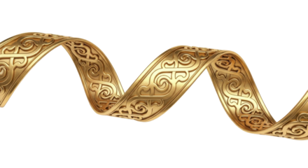 A golden, ornate ribbon, spiraling across a white background, showcasing intricate details.