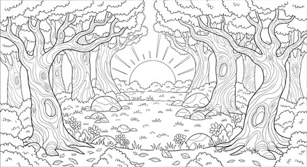 Naklejka premium Forest scene with sunset and trees on transparent background