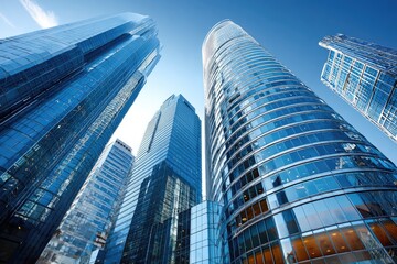 Modern skyscrapers, glass facades, city skyline