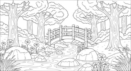 Fototapeta premium Serene park scene with a wooden bridge and flowing creek with transparent background