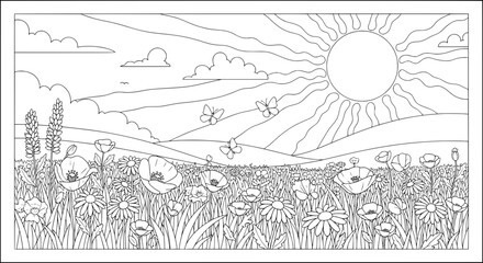 Flower field with butterflies and sun with transparent background