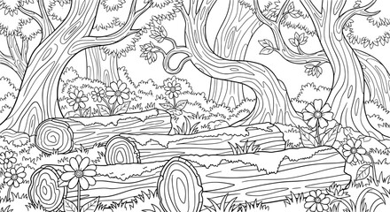 Obraz premium Seamless pattern of cut tree logs and flowers with transparent background