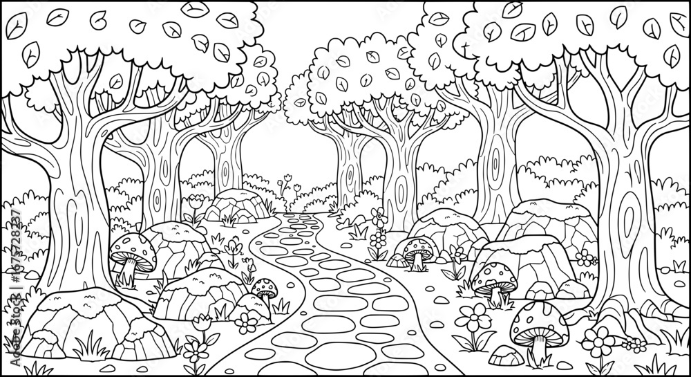 Poster forest pathway with trees and mushrooms on transparent background