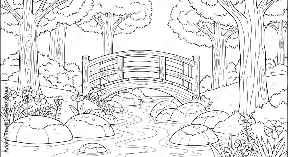 Poster stream with bridge and rocks in a pond with transparent background