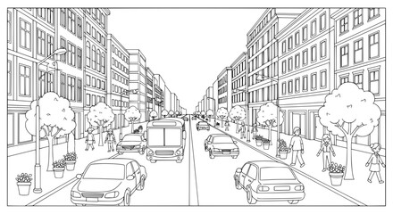 Fototapeta premium City street scene with buildings cars trees and pedestrians with transparent background