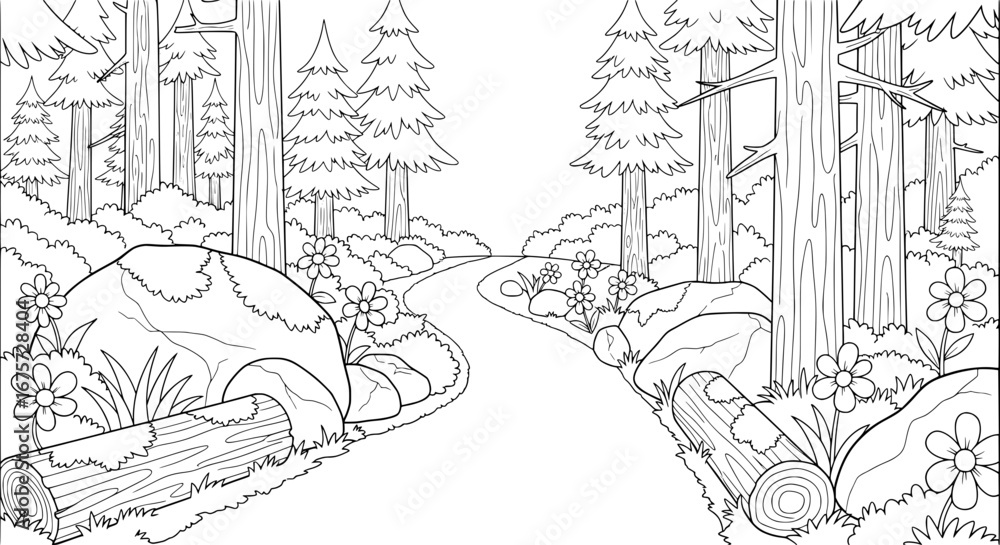 Poster forest scene with tall trees and flowers with transparent background