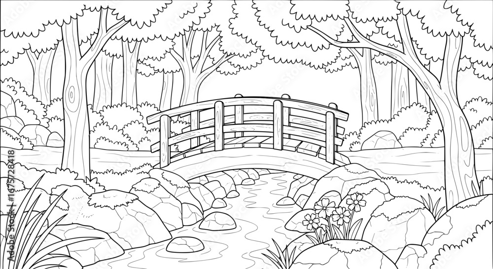 Poster scenic park with bridge and flowing stream with transparent background