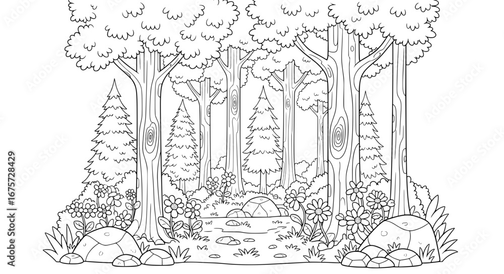 Poster forest scene with trees flowers and rocks with transparent background