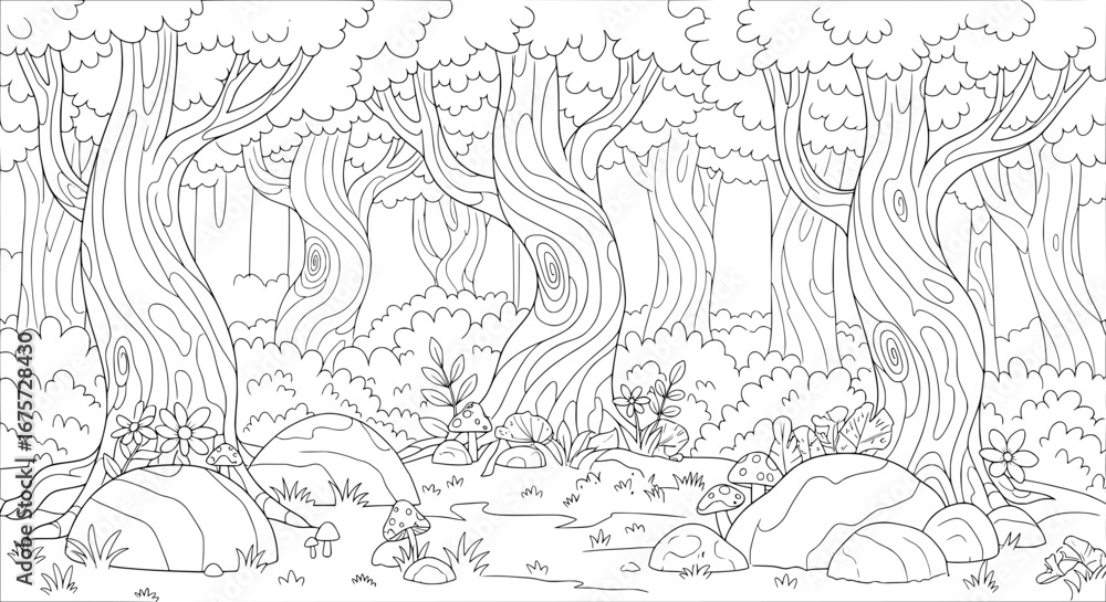 Poster dense forest with tall trees and mushrooms with transparent background
