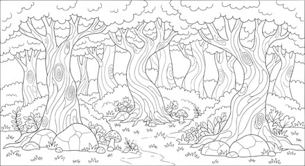 Obraz premium Forest scene with trees, rocks, and mushrooms with transparent background