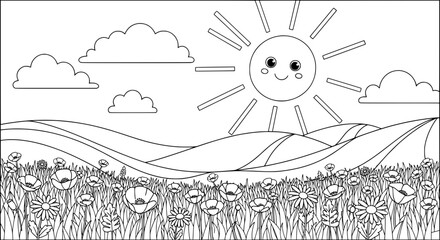 Obraz premium Cute smiling sun with clouds above a flower field with transparent background