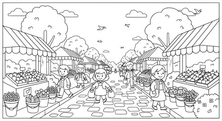 Obraz premium Marketplace scene with shoppers and vendors on a street with transparent background