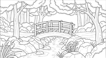 Fototapeta premium Scenic park with bridge and flowing stream with transparent background