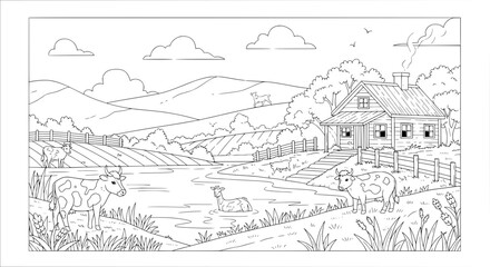 Fototapeta premium Rural countryside landscape with farm house and animals with transparent background