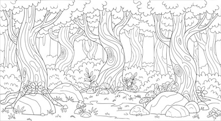 Obraz premium Dense forest with tall trees and mushrooms with transparent background