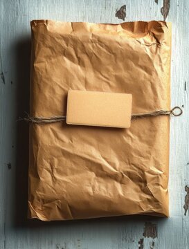 Brown paper package tied with string and blank tag on rustic wooden surface