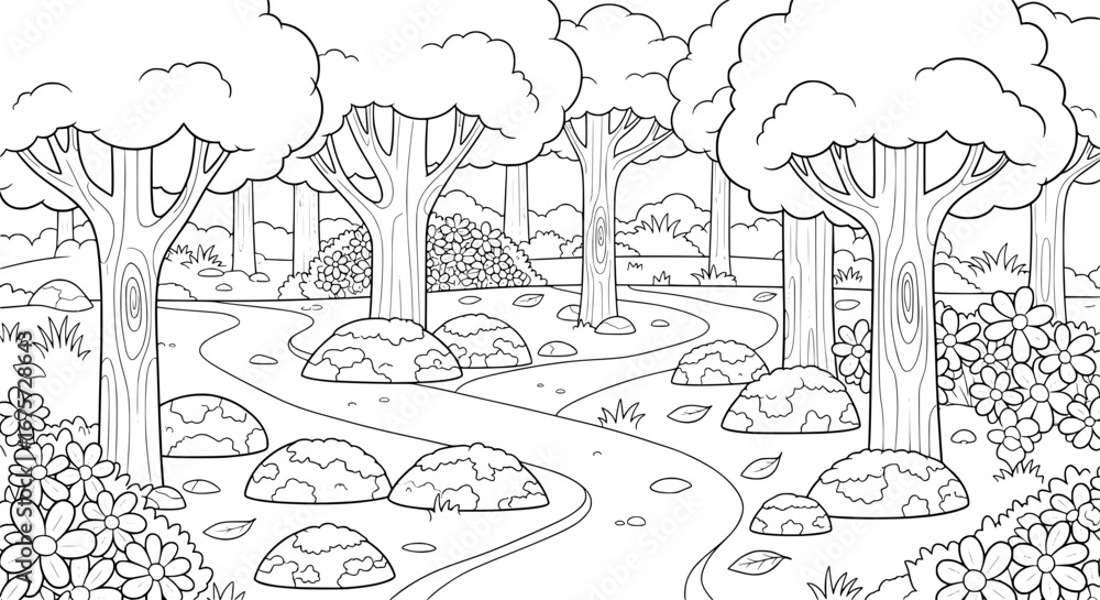 Poster forest landscape with trees and pathway on transparent background