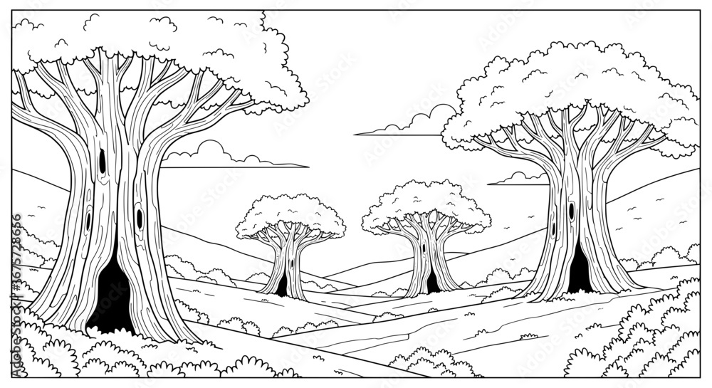 Poster line art of large trees with transparent background