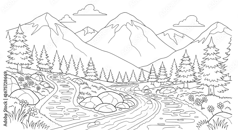 Poster mountain landscape with trees and river with transparent background
