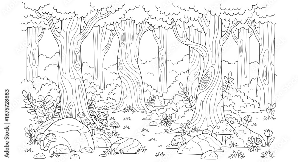 Poster forest scene with tall trees and mushrooms with transparent background