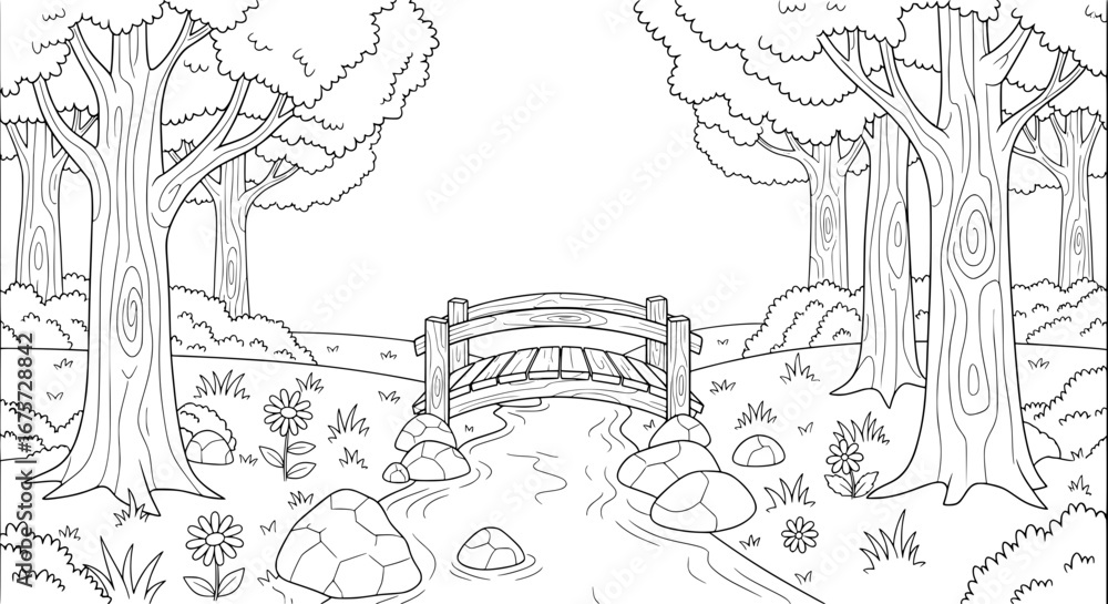 Poster tree-lined park scene with bridge and stream with transparent background